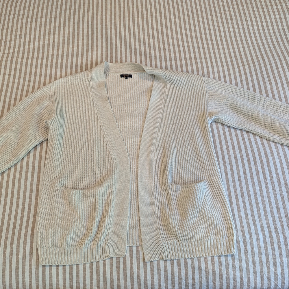 Quince Women's Oversized Cardigan Sweater Organic Cotton Speckled Beige Pockets